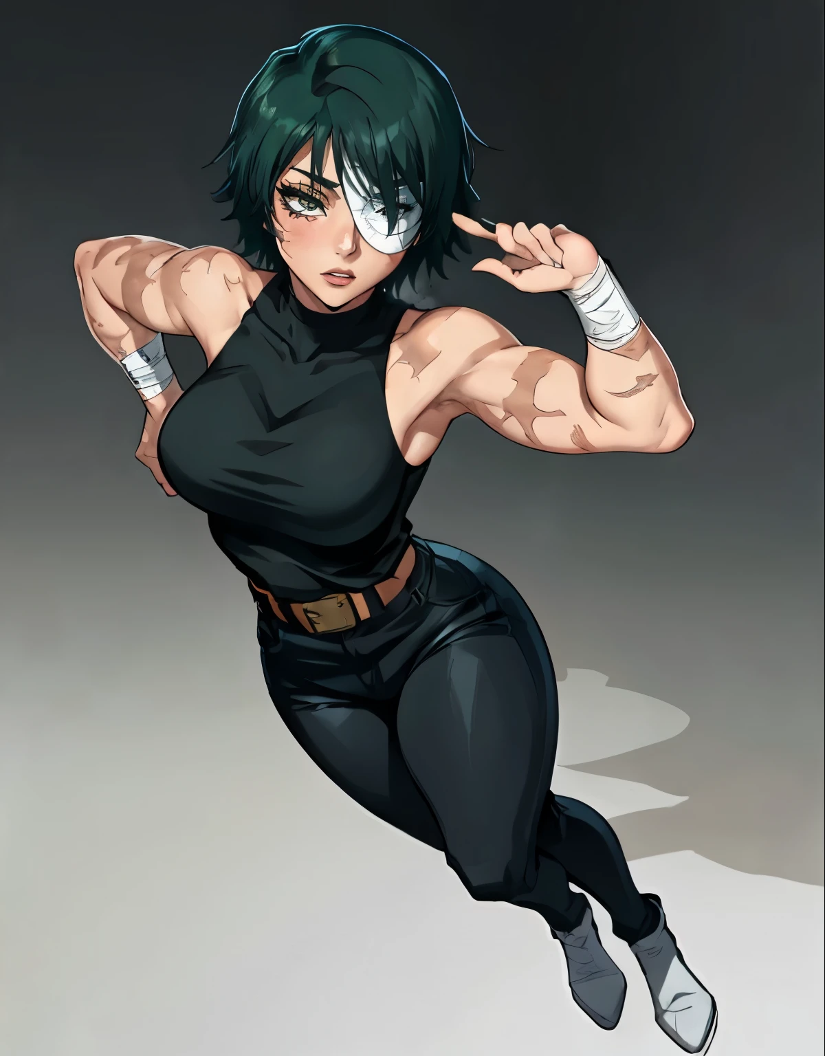 (masterpiece:1.2, best quality:1.2, beautiful, high quality, highres:1.1), 1girl, detailed, short hair, short fluffy hair, short green hair, extremely detailed 4K, perfect eyes, perfect face, black crop top, showing abs, black tucked in pants, outside view, combat style, small belt, white belt, black shoes, only 1 girl, visible bandaid, 1 eye, bandaid covering eye, other eye covered, eye covered with bandaid, full body, curvy body, circle arms, serious gaze, ready for battle, combat face, nice view, sexy, glasses, circle shaped glasses, yellow shiny eyes, yellow colored eyes, Bandaid on face, posing, hands, arms, scars on arms, scars on face, scars on cheek, bangs, really short hair, scars on body, Maki Zenin eyes, perfect eyes, scars on face, dangerous, eye patch, white bandage on eye, yellow colored eyes, exotica, scar on face, scar on cheeks, visible scars on cheeks, bandage on eye, scar on eye, Maki Zenin, scar on body, very short hair, circle glasses, dark scars on face, Maki Zenin LoRA, black shirt, scar on eye, scars, sleeveless, crop top, beautiful face, perfect lighting, (1girl, solo, adult female, mature female), thin, lithe body, Maki Zenin, green hair, glasses, (big breasts), ((sensual seductive))