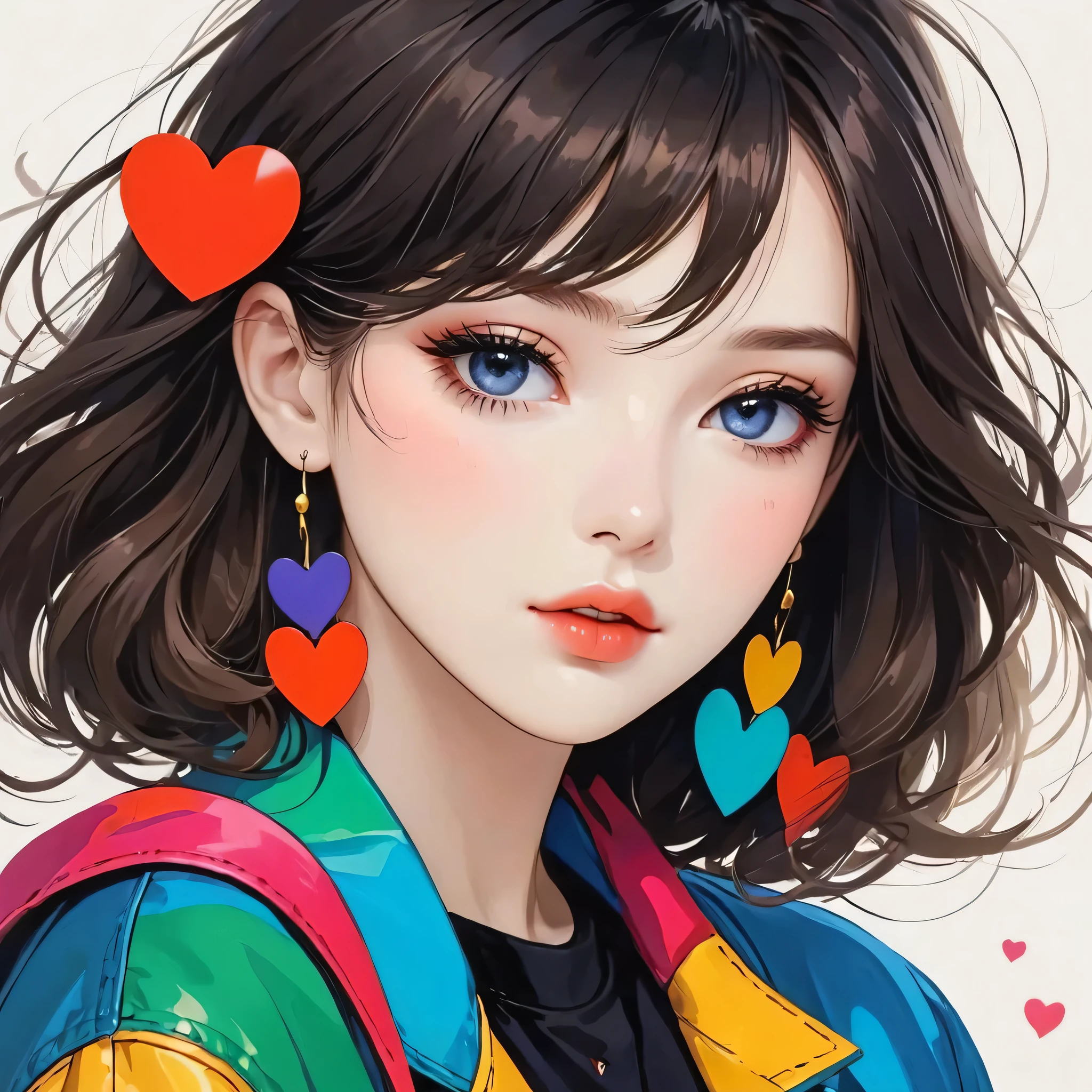 Mika Pikazo colorful style, Simple Line Initialism，Abstract art，Urban Background, (((The most beautiful girl of all time))), Sweet face. Lips in love, colorful hearts, stylish design, black eyes