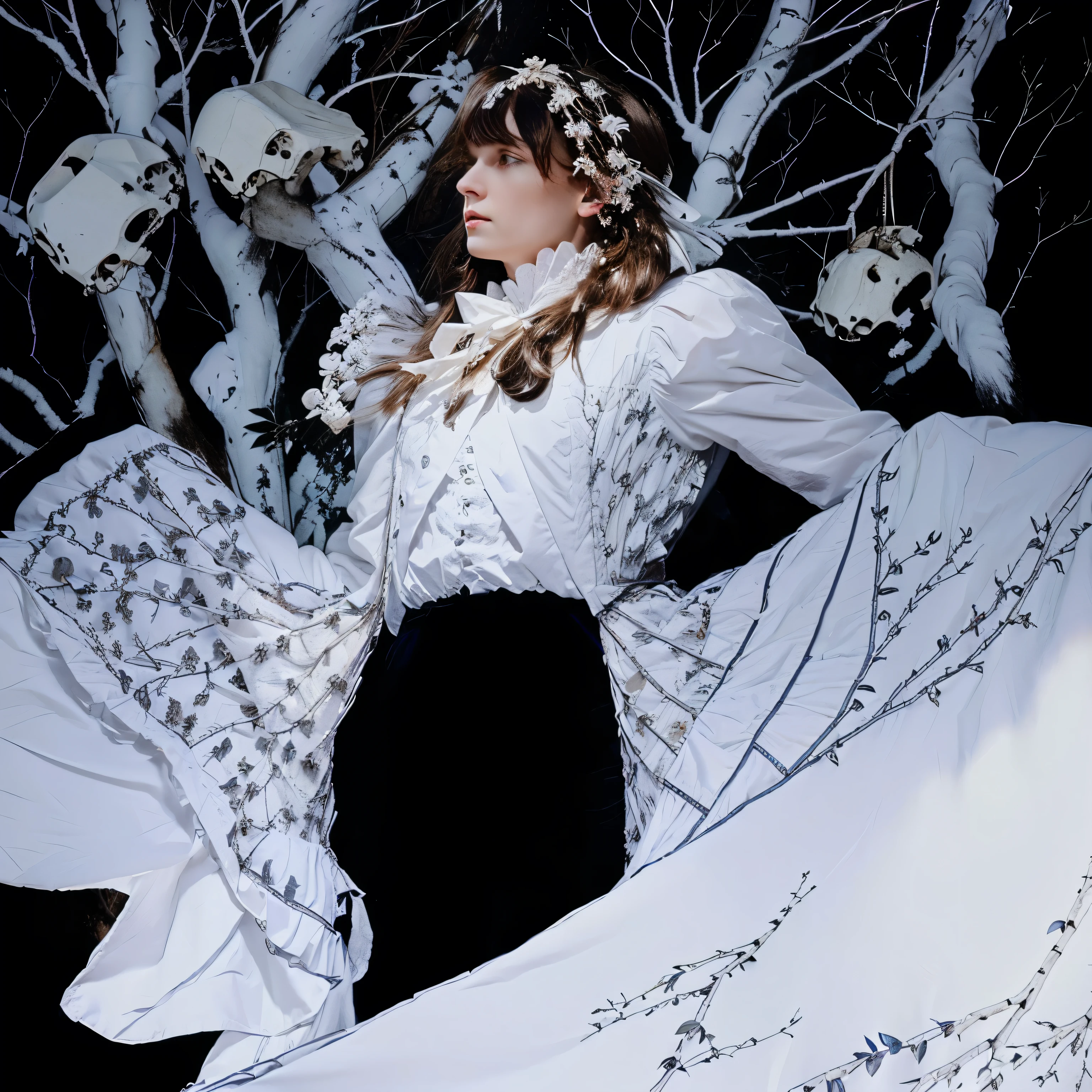 a feminine man in a white victorian dress, in behind are falling skulls, further behind are branches of trees