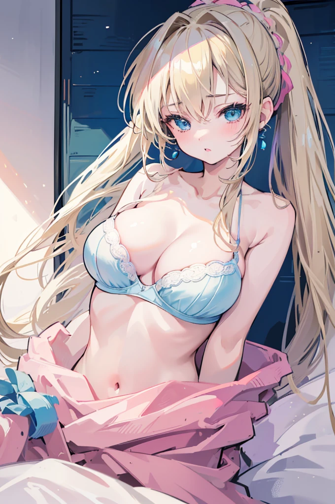 ((masterpiece、Highest quality、Very detailed))、One Girl、blonde、long hair、((ponytail))、Bright Blue Eyes、Earrings、blush、Watery eyes、((Pink Lips))、((Open your mouth))、Medium chest、((Light Blue Bra))、((Upper Body))、Sleep on your back、On the bed、Pushed down
