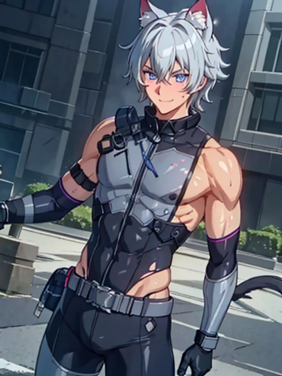 ((Fine details)), Best Shadow,Cinema Lighting,Highest quality,((Very detailed)) masterpiece Gray Hair get wet The suit was torn naked sweating Delicate body Muscular young man Ryona Skin is visible in places Fallen Cat ear Enduring Belt on crotch Wet ground Thick tail large delicate eyes Side view blue eyes Purple Eyes Shadowed eyes Blushing Panic Lively Hard hair 上半身naked Laugh out loud shout Screaming Feeling embarrassed