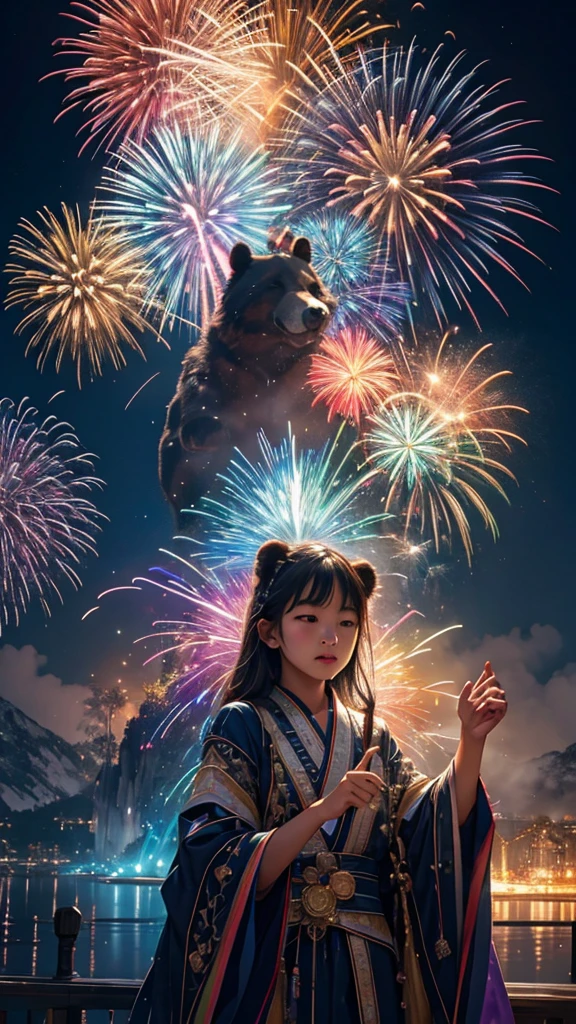 Rainbow colorsのSubbear、Bear、親Subbear、Subbear、White bear、Subbearたちに囲まれて、Mysterious Landscape、firework、firework大会、Rainbow colorsのfireworkが打ちあがっている瞬間、夜nullとともに、幻想的な海景色で壮大なfirework、future都市、Highest quality、masterpiece, (Diffuse reflection of light:1.2), When the fantastic rainbow turns into shadow, bathed in a mystical atmosphere.Subbearたちも見ています, Cast magic spells. evoke a sense of wonder and awe. A fusion of natural grandeur and magic, Weaving dreams into reality. Behold, null, And the unknown, Fleeting、And an eternal moment, 16K, Ultra-high resolution.Realistic, Ultra-high resolution, to be born,future、Rainbow colorsに光り輝く、Rainbow colors、The world 30 years from now。