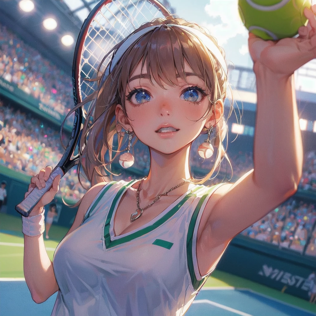  masterpiece, (textured skin), best quality, gorgeous beautiful girl, (a female tennis athlete), detailed clothes,large breasts,narrow waist,, (beautiful face), cinematic lighting, (at tennis venue ),