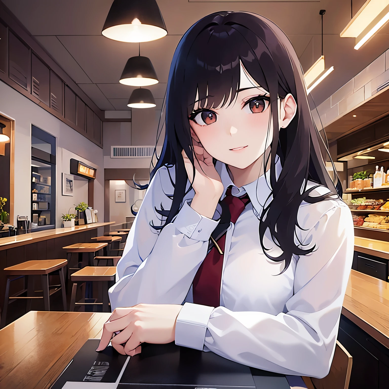 head tilt, Upper Body, Realistic, real person, (pale skin: 1.2), RAW photo, photorealistic, shiny skin, shiny hair、(A 25-year-old woman with medium-length hair and bangs) and (wavy hair) and (brown hair) and (orange eyes) , white collared shirt 、smile, The background is the interior of a restaurant at night.、Alone、Are standing