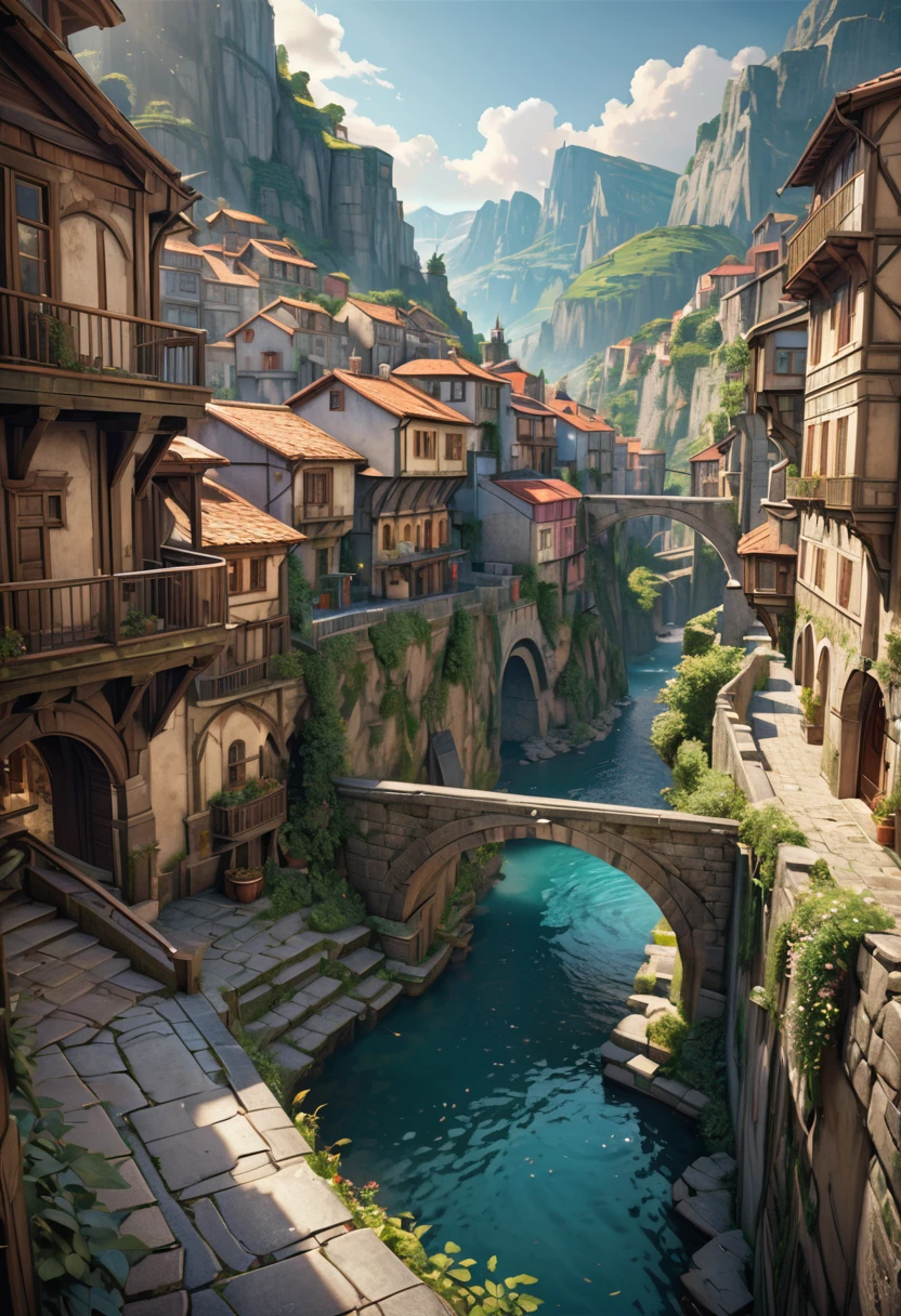 (masterpiece, best quality,ultra highres),hyper realistic,Beautiful detailed scenery,european Fantasy art, cities built on cliffs, houses carved out of walls, cities with depth,depth of field,portrait,role playing game artwork,magnificent view,hyper-detailed realistic style capturing the messy textures,octane rendering,
