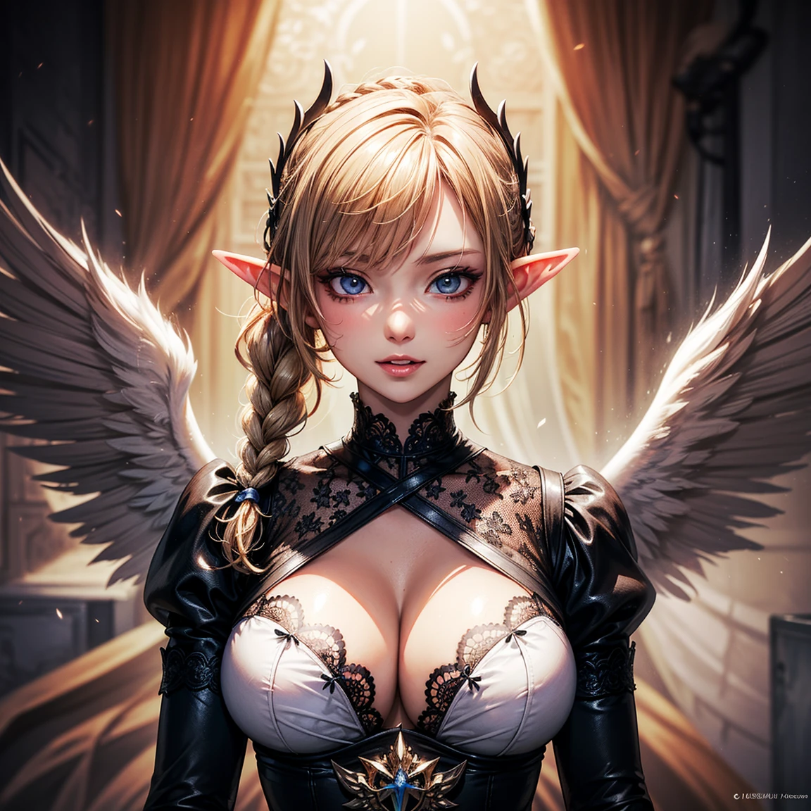 (High Detail:1.2) Anime Girl, (Best quality, Detailed), (dark and happy, gravelly:1.3, dark:1.2), 1girl, (solo), elf, (big white angelic wings), braids hair, light gold hair, white eyes!!, long pointed ears, fair skin, big breasts, white dress, deep neckline, sinister, intense look, background dark, Volumetric light, hyper realistic, super detailed, Dynamic pose, (very sexy body, detailed face, detailed eyes, masterpiece, highly detailed, 8k, best quality, vibrant colors, digital art, concept art)