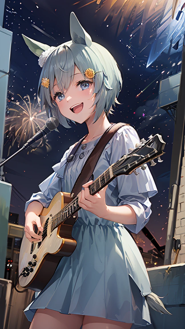 masterpiece, Highest quality, High resolution, Very detailed,(((Seiun Sky))), (((I have a guitar。)))、(((night)))、(((smile)))、(((firework)))、(((singing。))), Horse ears