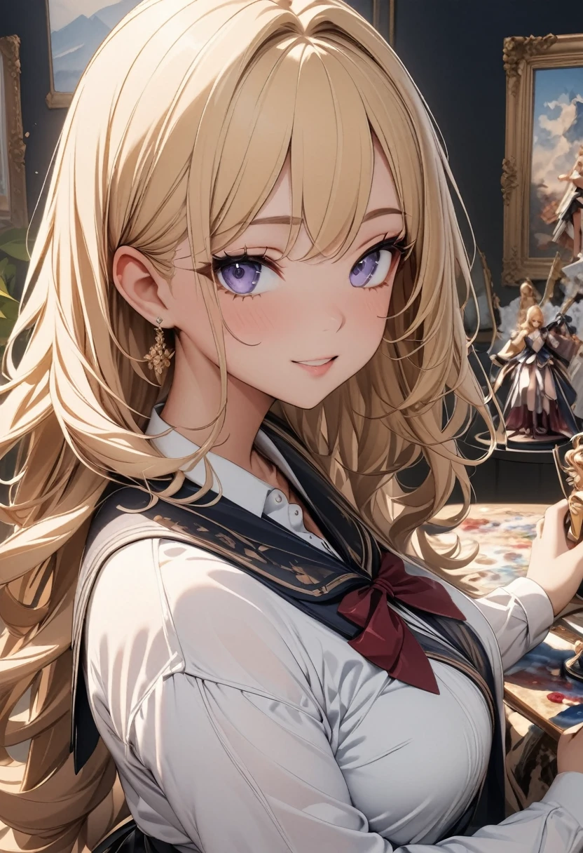 masterpiece, Highest quality, Very delicate and beautiful girl,Very delicate and beautiful, world masterpiece theater, Very detailed, Very detailed, Highest quality, Blonde, High resolution, Very detailed,One girl, Highest quality, figure, View your viewers, material, canvas, oil, Genuineistic, Genuineist ,Genuine,