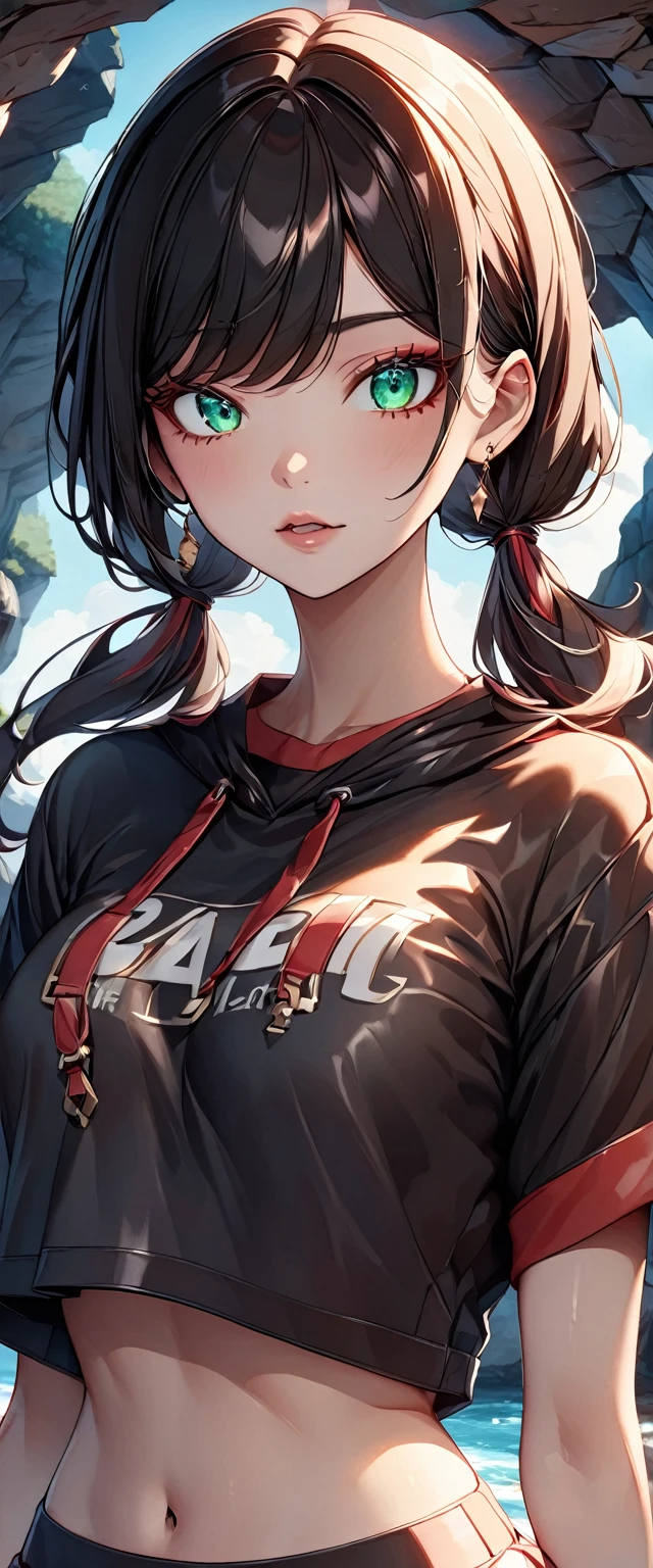 Photo of a girl with natural skin, ((Baby Face)), Grinning, Round face, A girl wearing mainly black and red, Upper Body, Seaside cave, The light is shining in, High Twintails, Black hair with red mesh, Sharp eyes with red eyeshadow, Blue-green eyes, Shining eyes, A thin, upturned nose, Well-shaped lips, ((crop top overhang, Short sleeve, Black clothes, Thighs, Glamour body)), Makeup, Exquisitely crafted with the utmost attention to detail, Vibrant, amazing, Smooth, Cinematic, 4K, Backlight, (()), Shallow depth of field, ((Detailed eyes:1.3, Detailed lips:1.3, high quality, )), masterpiece, Super detailed images, High quality