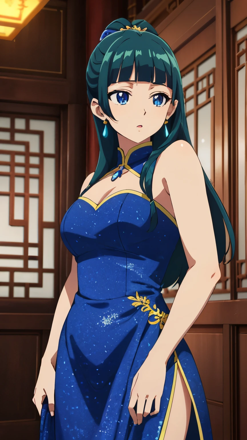 Highest quality (8k, High resolution, masterpiece: 1.2), Very detailed, Anime art style, Dynamic Angle, Teen Style, (China dress, Exposed shoulders, Earrings, indoor,), Detailed green hair, Detailed blue eyes, Complicated hairstyle, Long Hair , The body is slim, Sparkling eyes, like々Shii, hair accessory, Earrings, Half Up, Slightly blunt bangs, Detailed lighting, Bright colors, Looking at the audience, Center the image, Cowboy Shot,