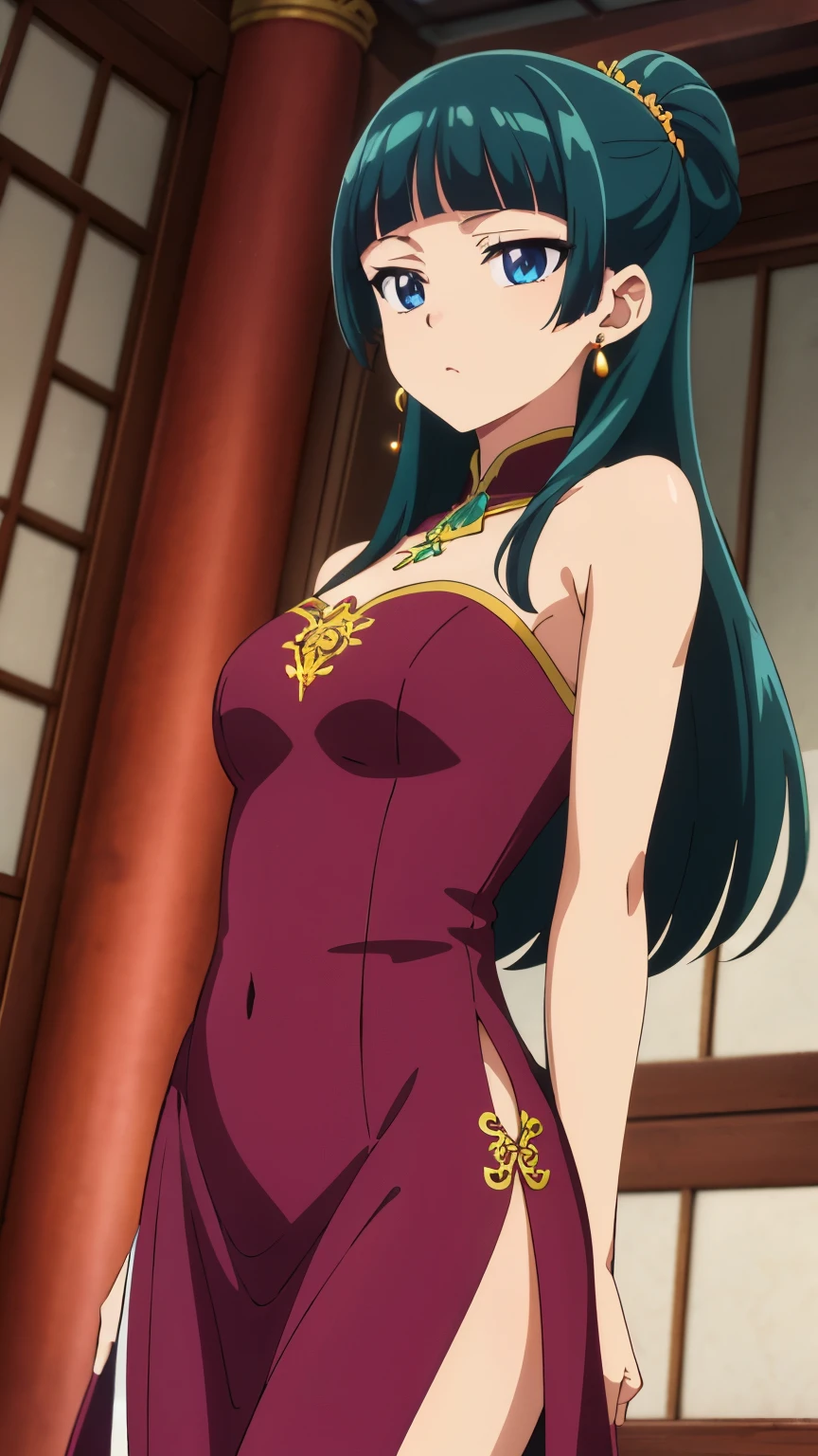 Highest quality (8k, High resolution, masterpiece: 1.2), Very detailed, Anime art style, Dynamic Angle, Teen Style, (China dress, Exposed shoulders, Earrings, indoor,), Detailed green hair, Detailed blue eyes, Complicated hairstyle, Long Hair , The body is slim, Sparkling eyes, like々Shii, hair accessory, Earrings, Half Up, Slightly blunt bangs, Detailed lighting, Bright colors, Looking at the audience, Center the image, Cowboy Shot,