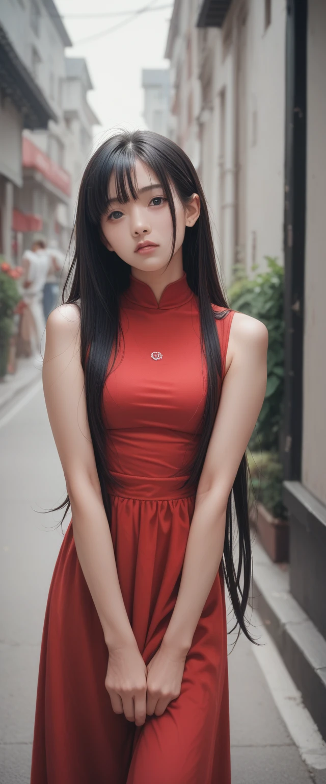 A girl, Black Hair, 1980s (style), Red sleeveless dress, Long hair,