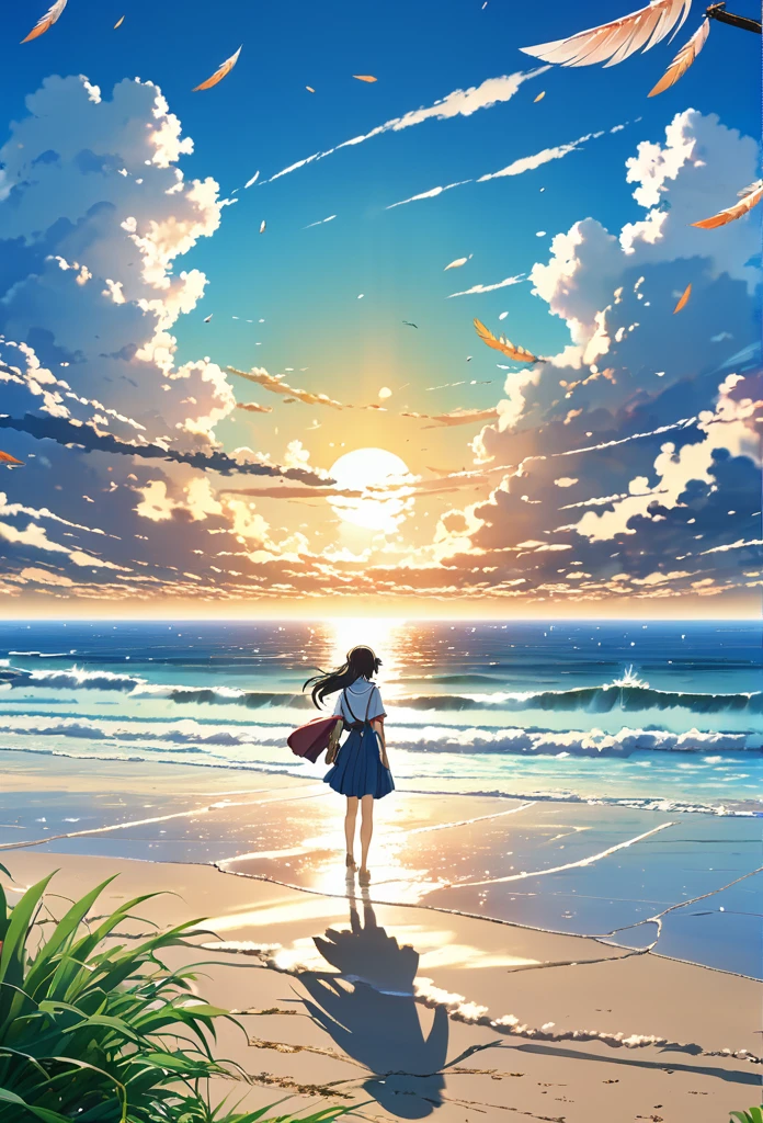 Well detailed anime landscape, The 100 series poster style with people falling from the sky, Os 100, people falling to the sky, beautiful horizon on the beach, floating wing feathers
falling seen from afar, clouds, small with brush strokes, serene sky anime nature wallpaper, anime beautiful scene, beautiful anime peace scene, Makoto Shinkai Cyril Rolando, beautiful anime scene, amazing wallpaper, wallpaper anime art 8k, anime background, anime art background, anime 4k wallpaper, anime art 4k wallpaper, anime art 4k wallpaper,