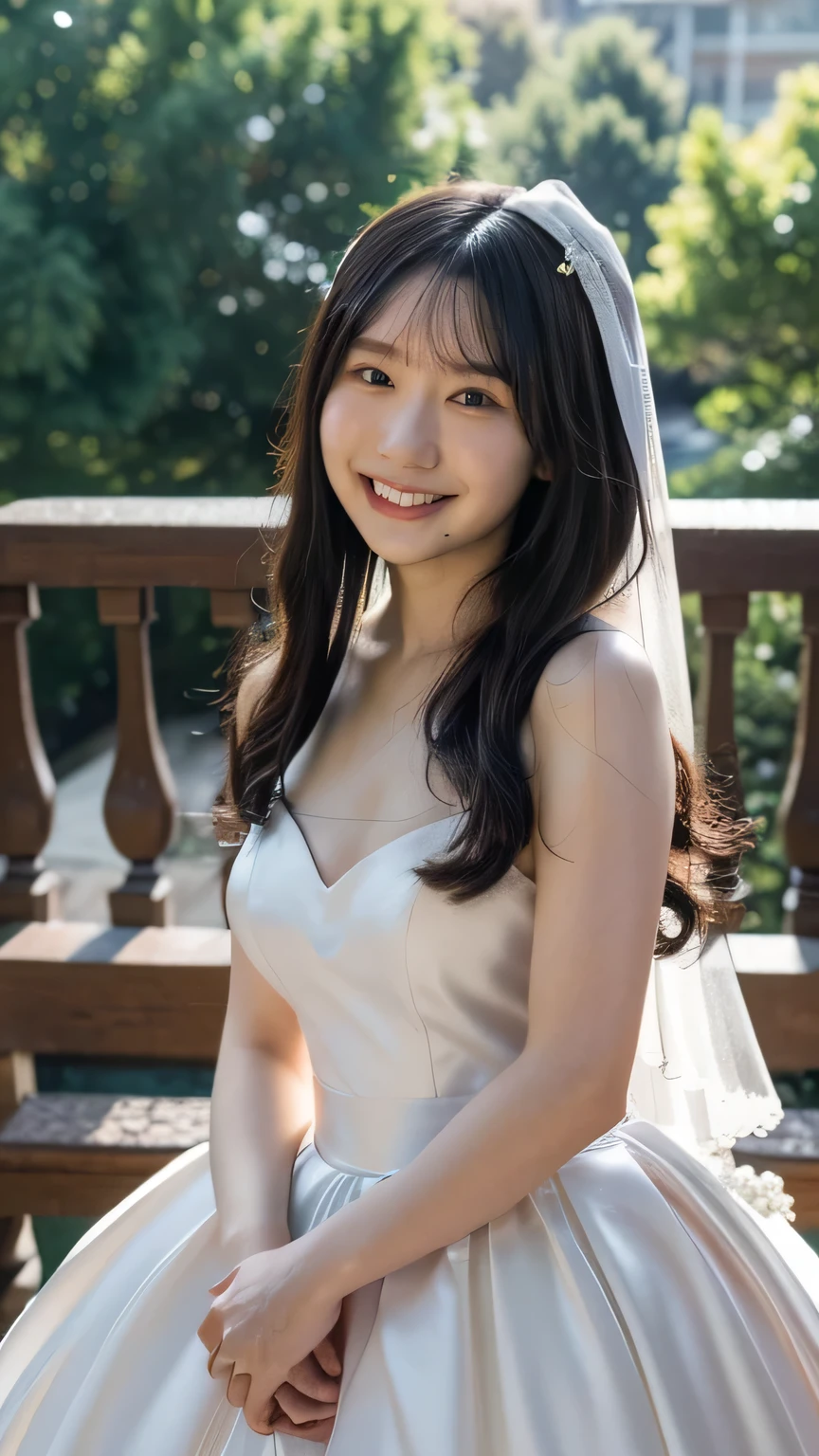 (8k、RAW Photos、Highest quality、masterpiece:1.2)、(Realistic、Realistic)、1 girl、((Wedding dress、Chapel、long hair、View from the front、smile、Look at the camera and smile、stand))、cute、Large Breasts