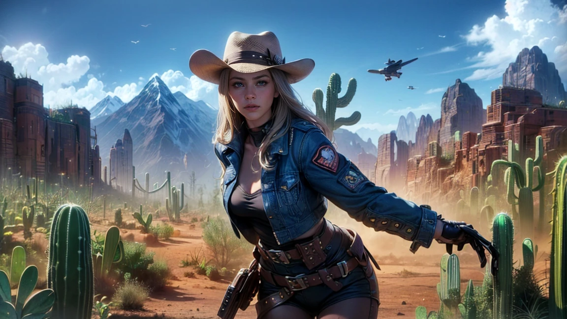 top quality, future world, State-of-the-art robot, Beautiful Woman, flying hair, Transformed into a cyborg except for the face,  Transformed into a cyborg except for the shoulder, sexy images, whole body photo, (((cowboy, hat, jacket, belt, she hold shotgun shoot to front, boots with spur, future desert and mountain, cactus)))