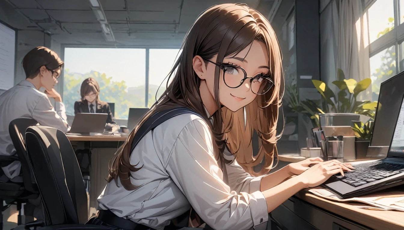 パソコンで仕事をするProfessionalグラマー,Portraiture,Professional,Wearing a smart suit,Stylish glasses,Typing on a sophisticated computer,Use a wireless mouse,Sitting at a modern desk,A soft smile,Soft natural light,High resolution,High resolution,Very detailed.One Woman ,alone, Dark brown hair