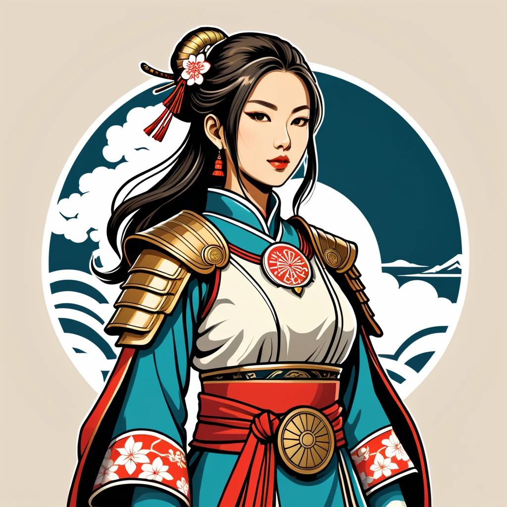 female	paladin	in japanese folk outfit	,vector graphics, strong contours, logo design																						