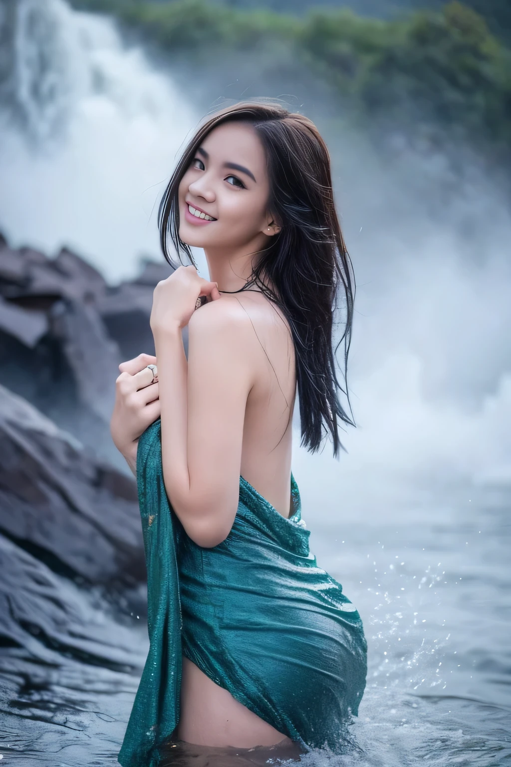 Cute girl wearing sarong dress with seducing pose, big smile, happy, bustling, ((whole body)) turning away facial at viewer, closeup, heavy mountains, misty, fog, woman standing in the waterfall, wet body, wet clothes, wet skin, beauty skin, huge breast:1.5, thick thighs bright lighting, big round ass, cute face, slim abs, 35mm lens, Extreme close-up, depth of field cinematography effect, romantic film genre, 8k resolution, high quality, ultra detail