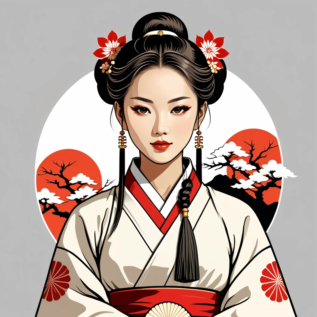 female	priest	in japanese folk outfit	,vector graphics, strong contours, logo design																						