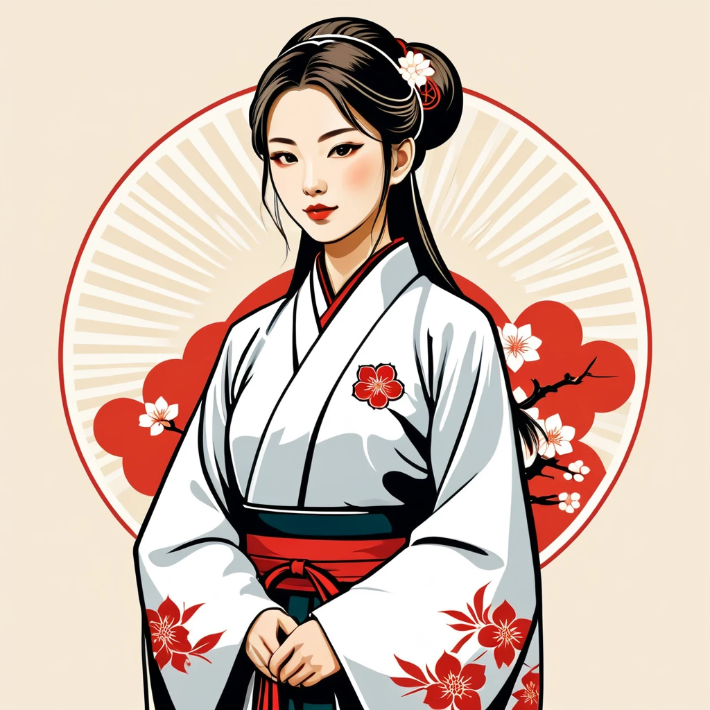 female priest in japanese folk outfit ,vector graphics, strong contours, logo design
