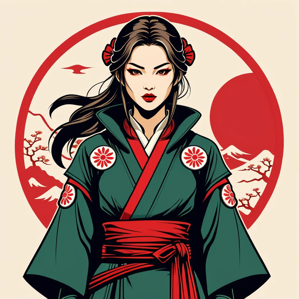 female	rogue	in japanese folk outfit	,vector graphics, strong contours, logo design																						