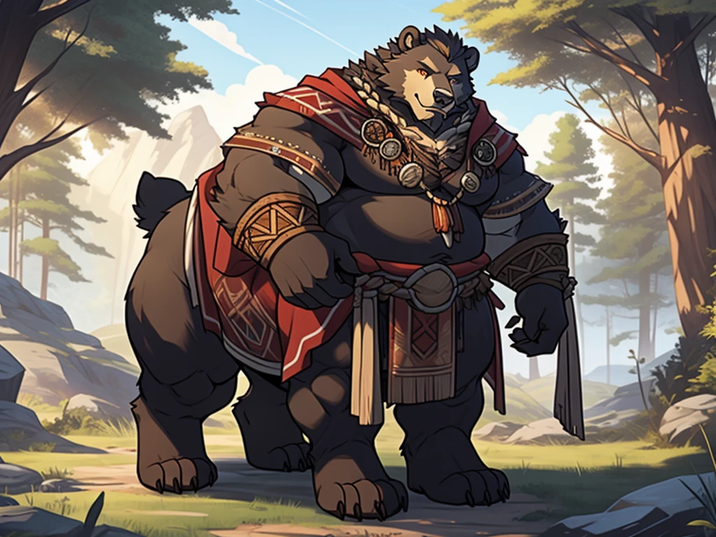 masterpiece, best quality, a portrait of a chubby, furry, fur taur, beartaur, solo, 1man, extremely detailed, looking at viewer, grizzly, stoic, grey hair, beard, ragged clothes, strong, shaman, tribal, thick body, thick arms, big chest, leather, fur cloak, animal hide, bear, thick bear paws, thick bear tail, hide, druid magic, nature, fullbody, standing, viking