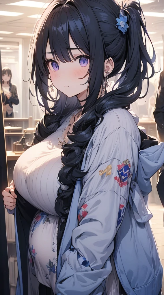 (8K、Top image quality、Top quality、masterpiece)、1 girl、(Black hair with twin ponytails)、short hair、Wavy Hair、Bangs、Purple Eyes、Poker face、Breast piercing、White Chinese clothes、sleeveless、Black jacket、Shrine Background ,Pregnant，Super huge breasts