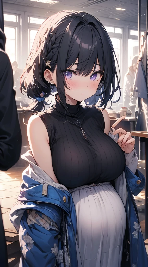 (8K、Top image quality、Top quality、masterpiece)、1 girl、(Black hair with twin ponytails)、short hair、Wavy Hair、Bangs、Purple Eyes、Poker face、Breast piercing、White Chinese clothes、sleeveless、Black jacket、Shrine Background ,Pregnant，Super huge breasts