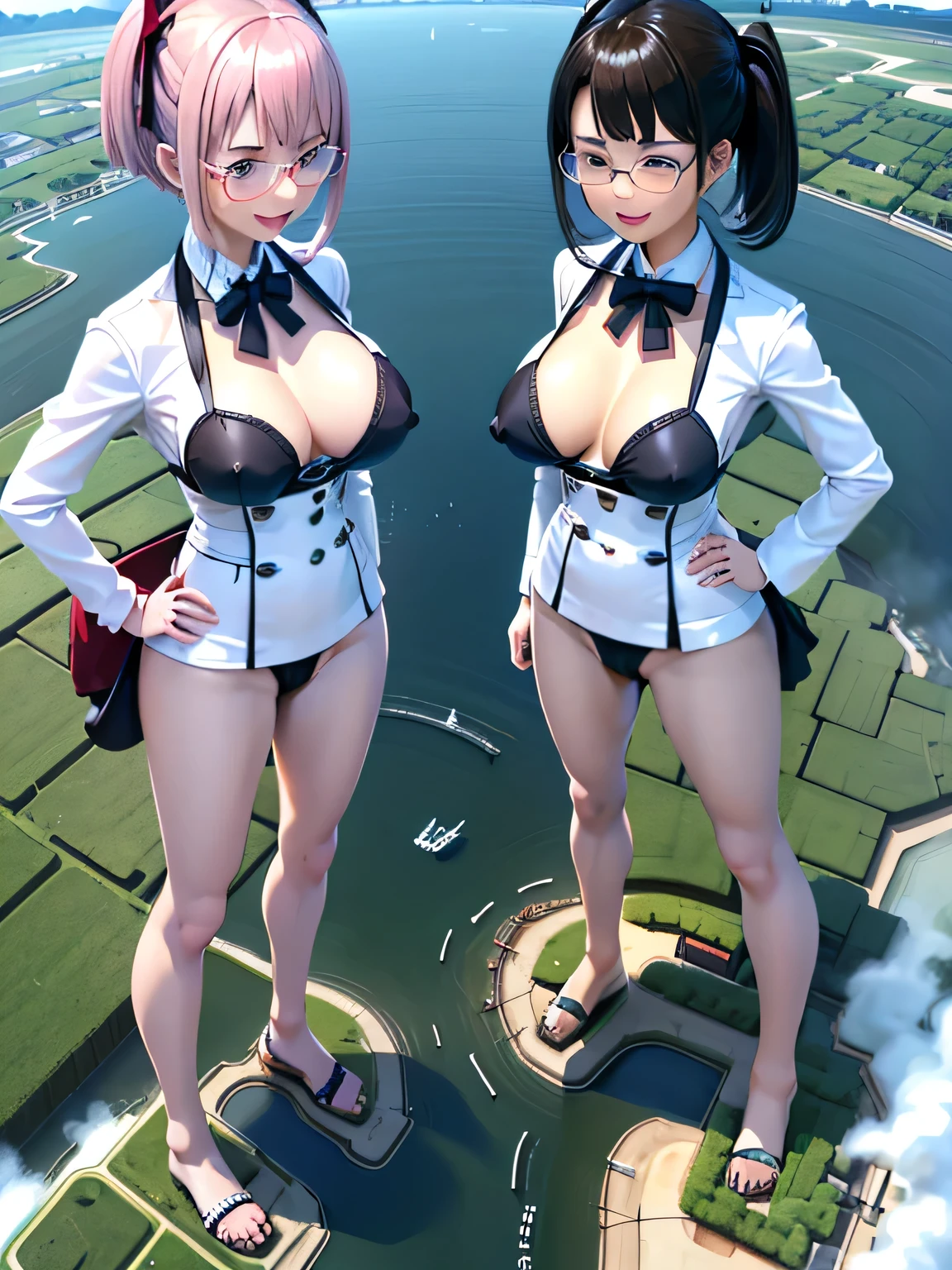 multiple girls, 3girls, standing, giantess art, highly detailed giantess shot, giantess, most detailed, perfect face, two legs, five fingers, short hair, beautiful girl bigger than a skyscraper, wearing rimless glasses, smiling, huge breasts, swimsuit, maid bikini, stiletto heels, under heavy attack, seaside metropolis, numerous miniature warships on the sea, very small metropolis, miniature metropolis, full body depiction, GTS, giga giant, trampling city, crush city, tiny city, micro city, high resolution, best quality, masterpiece,
