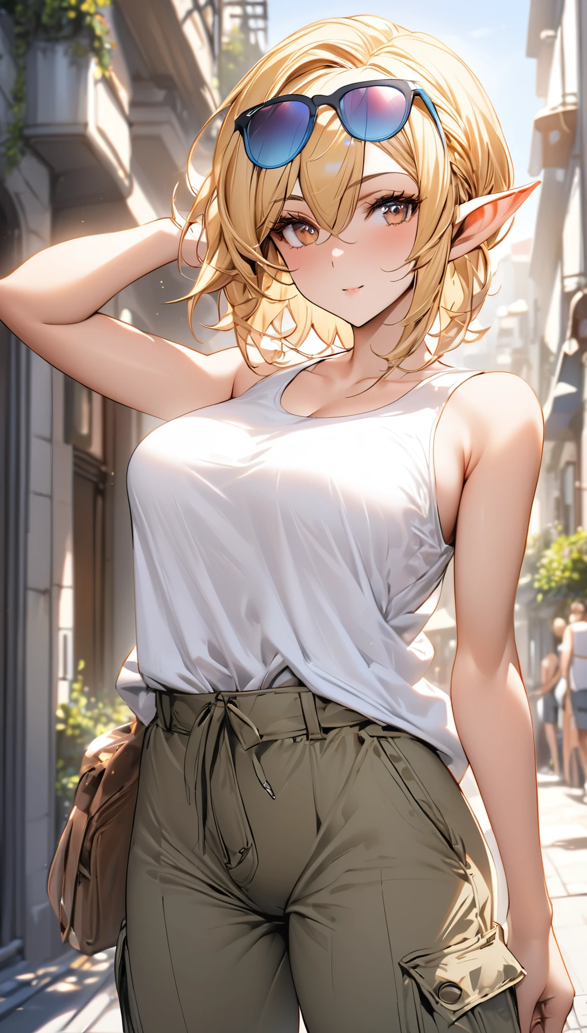 ((best quality)), ((masterpiece)), (detailed), 1girl, sexy, elf, blonde hair, short hair, pointy ears, eyewear on head, wearing white tank top, cargo pants, on street, Midsummer, strong sunlight, Large Breasts