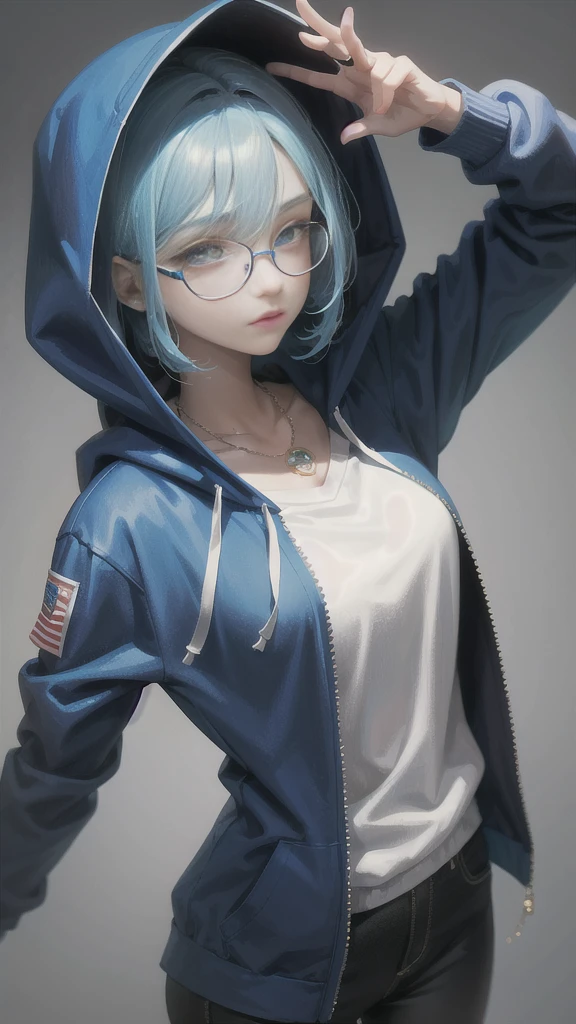 masterpiece, best quality, 1girl, blue hair, medium hair, hoodie, hood up, glasses, jewelry, simple background