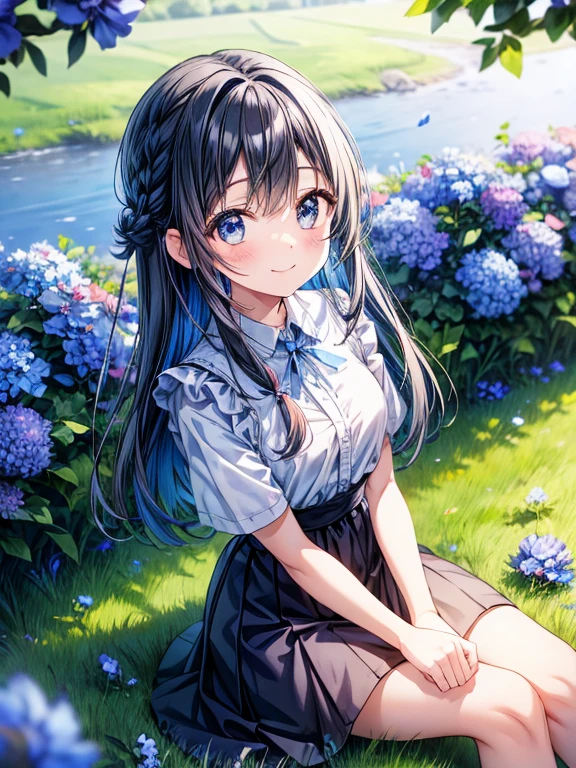 Black Hair Girl、Braid、Sitting upright on the grass、Look up and smile、Shy expression、Blue nemophila flowers bloom all around