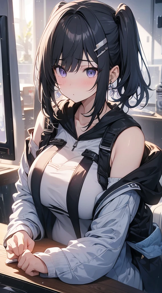 (8K、Top image quality、Top quality、masterpiece)、1 girl、(Black hair with twin ponytails)、short hair、Wavy Hair、Bangs、Purple Eyes、Poker face、Breast piercing、White Chinese clothes、sleeveless、Black jacket、Shrine Background ,Pregnant，Super huge breasts