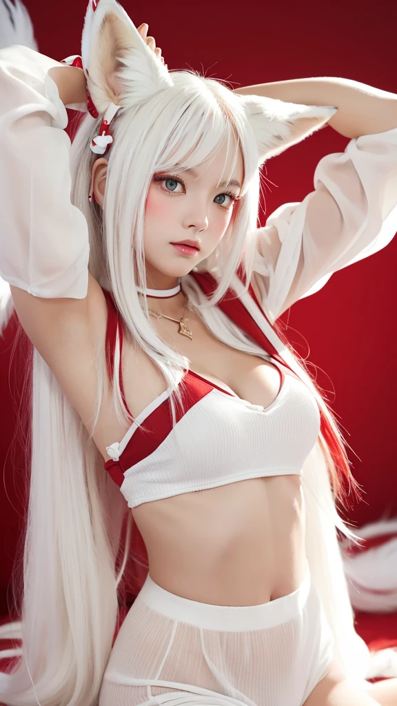 masterpiece, highest quality ,Full body photo、 Awareness-raising,1 perfect portrait of a girl, A fascinating eye for perfect detail, Colorful Hair, (red+White and soft hair:1.6), (White Fox Ears:1.3), Fantasy red background, {Sexy exposed bare shoulders} ,{Long-term alienation_sleeve}, {Lean forward slightly}, If you look up, hair ornaments, {shy },Please keep your mouth shut, Tilt your head, Cinema Lighting, Larger clothes, ((Seductive pose)),