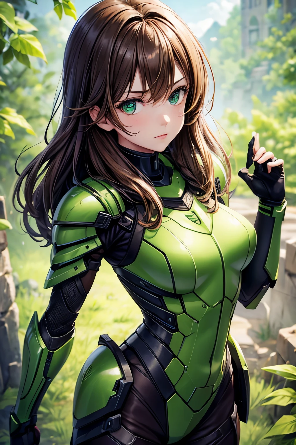 brown hair,green eyes,Girl,exoskeleton armor