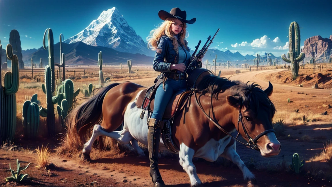 top quality, future world, State-of-the-art robot, Beautiful Woman on cow, flying hair, Transformed into a cyborg except for the face,  Transformed into a cyborg except for the shoulder, sexy images, whole body photo, (((cowboy on cow, hat, jacket, belt, she hold shotgun shoot to front, boots with spur, future desert and mountain, cactus)))