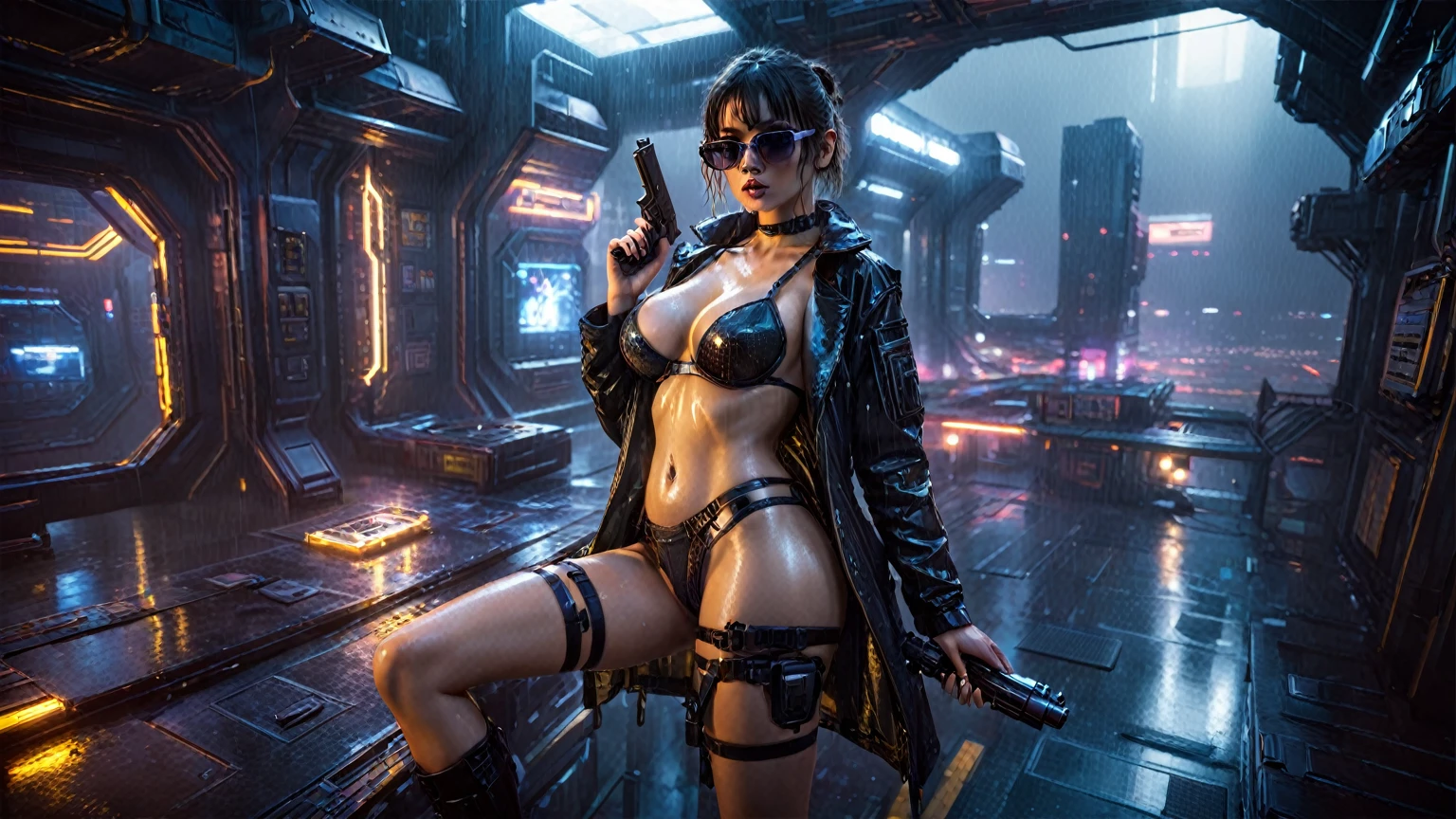 (((aerial view))), Blade Runner style futuristic space station platform, neon lights, rainy night. (1girl, solo, alone), large-breast:1.2 slim body, cleavage:1.1, sexy laced lingerie with wet jacket, (black sunglasses), (((she raised a pistol:1.8 and shot the viewer))), dynamic pose, (((half-body thigh level medium shot))), cinematic lighting, lens flare, ray tracing.