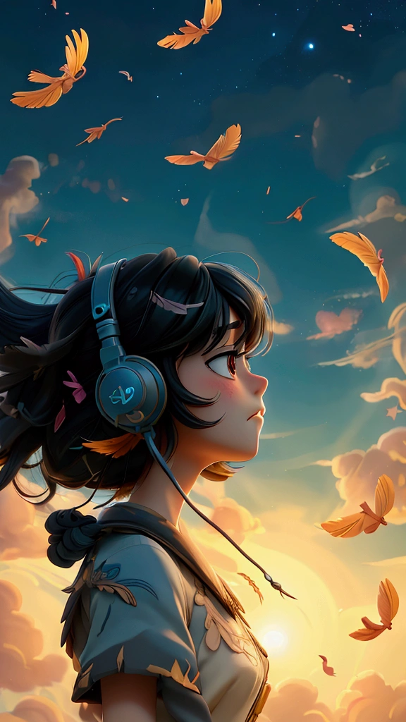 Feathers Fall、Ghibli-style images、One girl, High resolution, Black Hair、,  Highest quality, headphone、Flying in the night sky