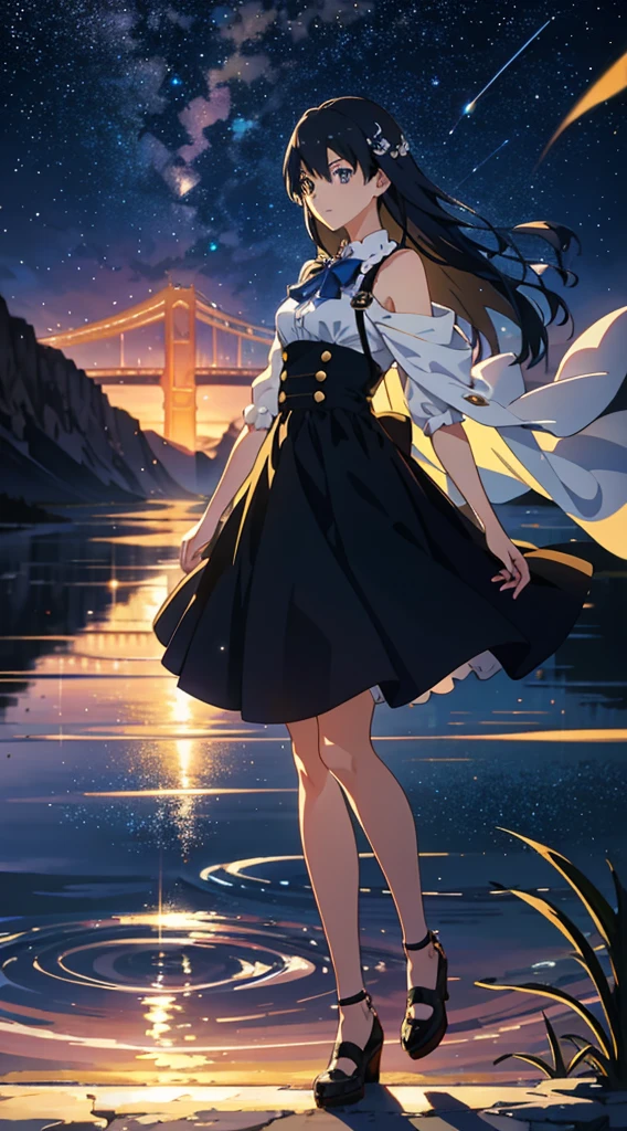 High quality masterpiece, landscape, anime train passing through bodies of water on tracks, bright starry sky. Romantic train, pixiv, concept art, lofi art style, reflection. by Makoto Shinkai, lofi art, Beautiful anime scene, Anime landscape, detailed scenery —width 672, in style of Makoto shinkai, style of Makoto shinkai, ノーガール、enhanced details.
