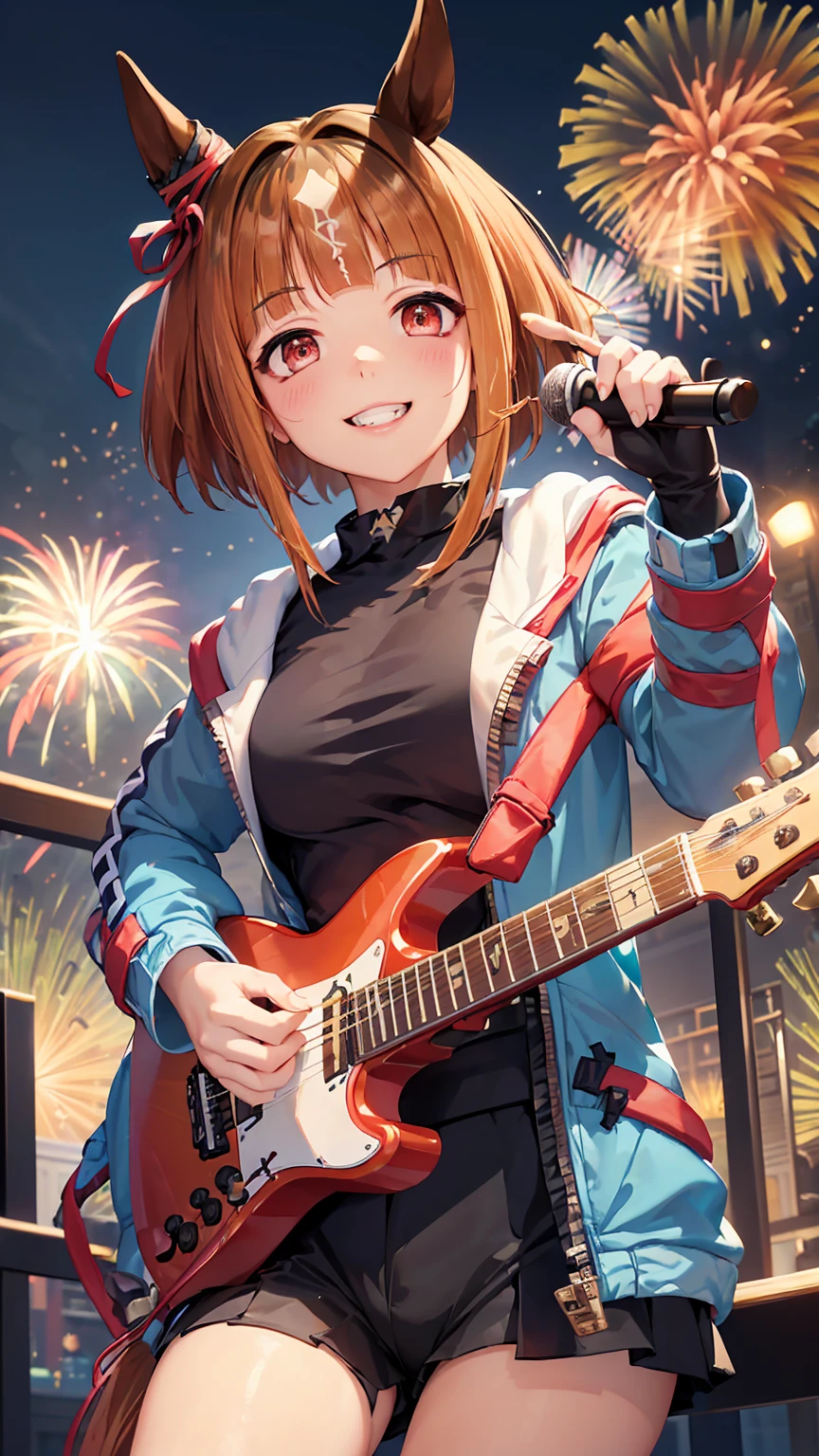 masterpiece, Highest quality, High resolution, Very detailed,(((Transcend))), (((I have a guitar。)))、(((night)))、(((smile)))、(((firework)))、(((singing。))), Horse ears