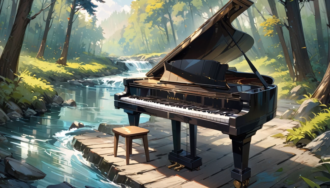 A piano in the middle of the woods near a river、Oil painting style