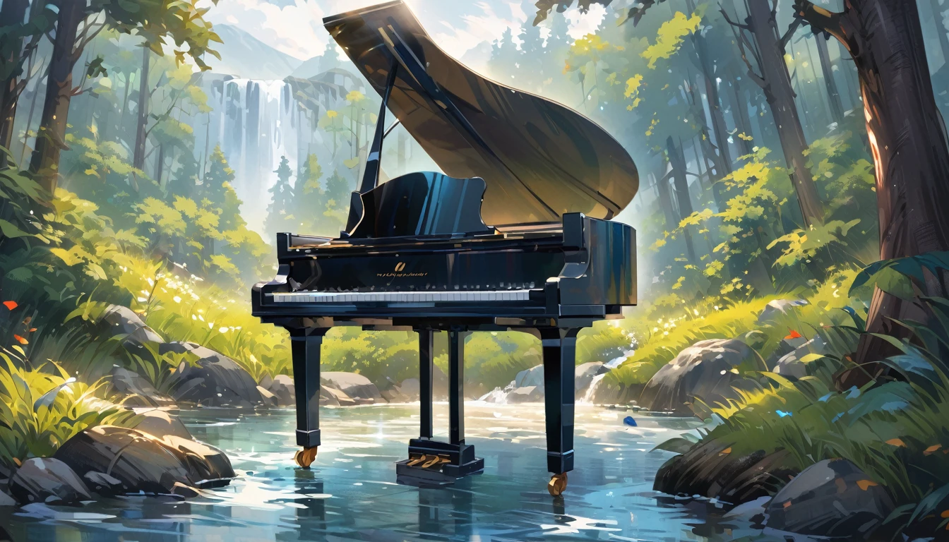 A piano in the middle of the woods near a river、Oil painting style