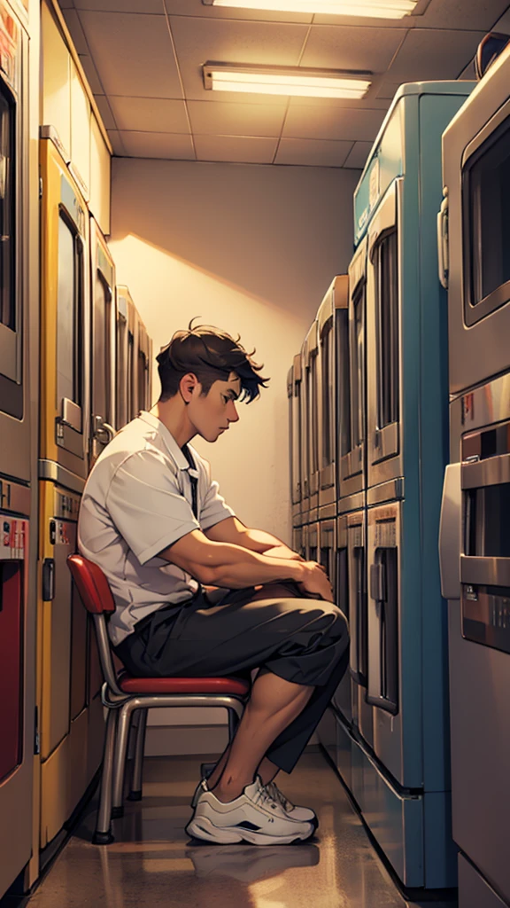 Background: A working adult waiting while sitting in a chair at a laundromat in the middle of the night