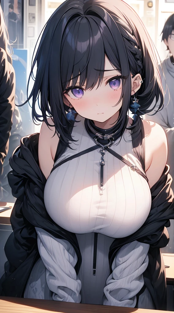 (8K、Top image quality、Top quality、masterpiece)、1 girl、(Black hair with twin ponytails)、short hair、Wavy Hair、Bangs、Purple Eyes、Poker face、Breast piercing、White Chinese clothes、sleeveless、Black jacket、Shrine Background ,Pregnant，Super huge breasts