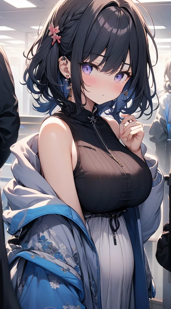 (8K、Top image quality、Top quality、masterpiece)、1 girl、(Black hair with twin ponytails)、short hair、Wavy Hair、Bangs、Purple Eyes、Poker face、Breast piercing、White Chinese clothes、sleeveless、Black jacket、Shrine Background ,Pregnant，Super huge breasts