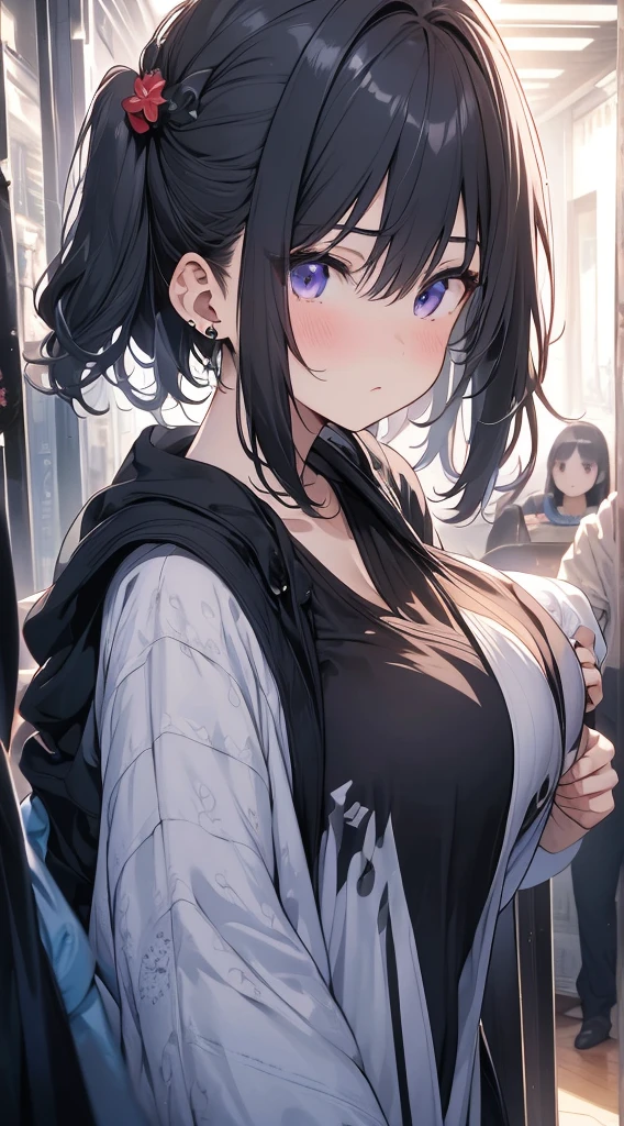 (8K、Top image quality、Top quality、masterpiece)、1 girl、(Black hair with twin ponytails)、short hair、Wavy Hair、Bangs、Purple Eyes、Poker face、Breast piercing、White Chinese clothes、sleeveless、Black jacket、Shrine Background ,Pregnant，Super huge breasts