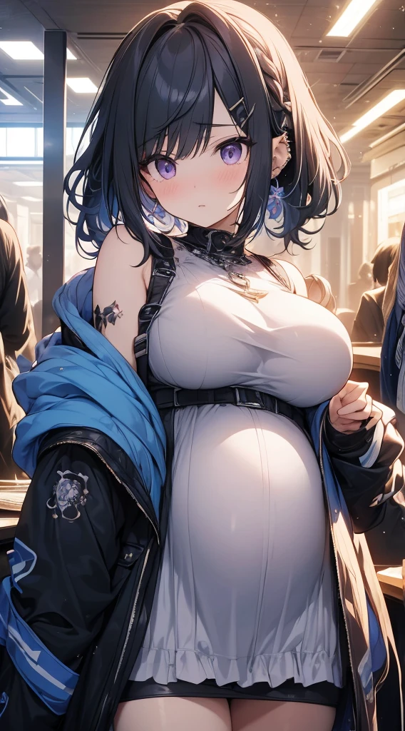 (8K、Top image quality、Top quality、masterpiece)、1 girl、(Black hair with twin ponytails)、short hair、Wavy Hair、Bangs、Purple Eyes、Poker face、Breast piercing、White Chinese clothes、sleeveless、Black jacket、Shrine Background ,Pregnant，Super huge breasts