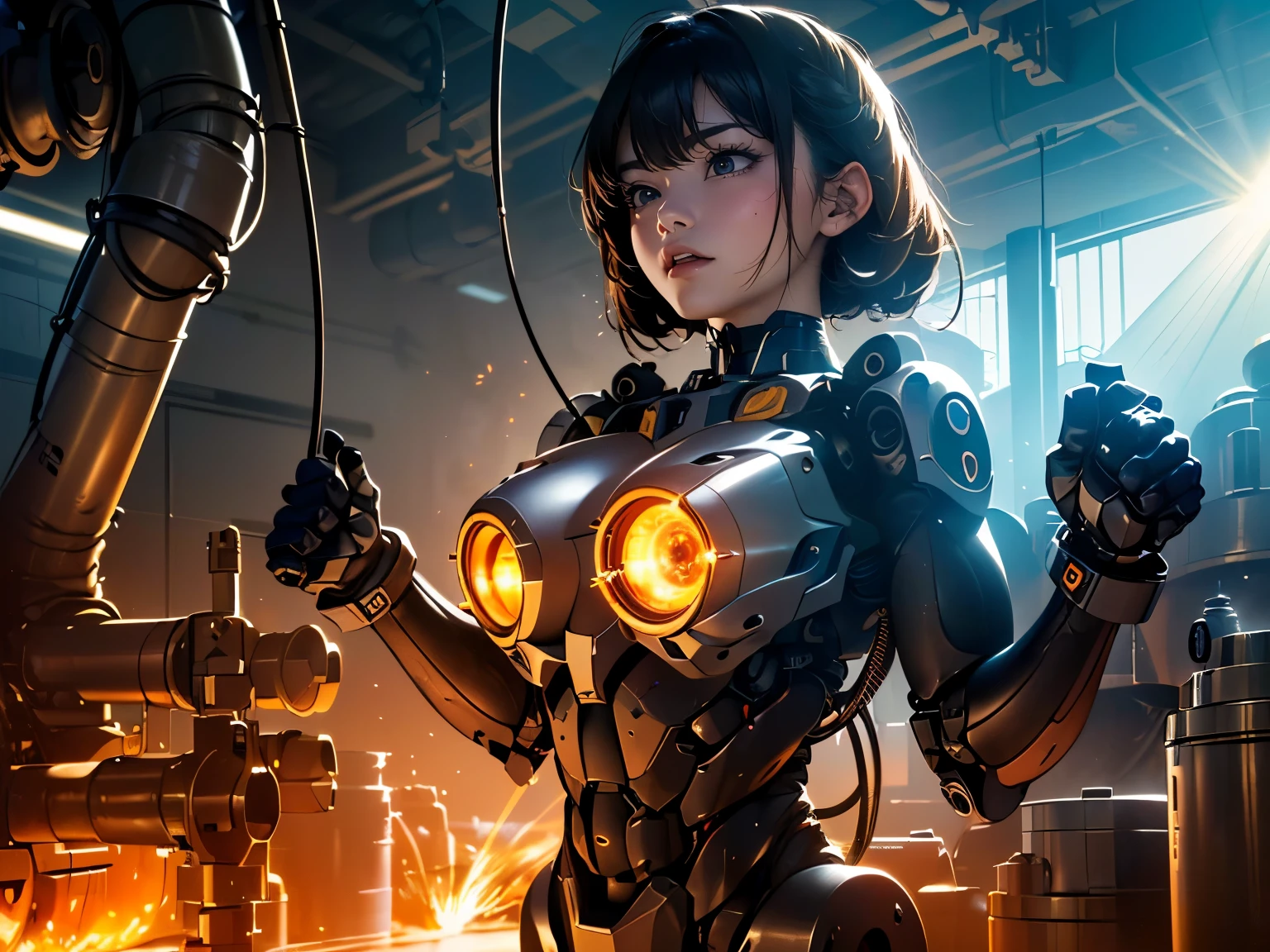 (a humanoid has mechanical body and head, (((emit rays from many lens on her body))), (cables), round face, in a huge factory), ((mechanical chest and hands, ((dropping machine oil from her body)))), drooping eyes,