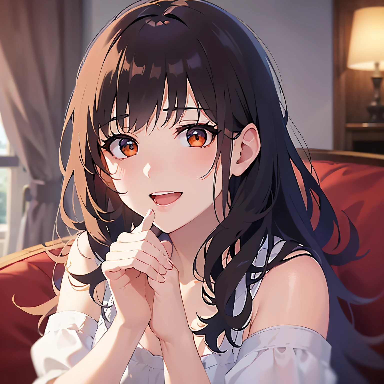 looking up, clasping own hands、Realistic, real person, (pale skin: 1.2), upper body, RAW photo, photorealistic, shiny skin, shiny hair、(A 35-year-old woman with medium-length hair and bangs) and (wavy hair) and (brown hair) and (Orange Eyes) , (white) and (off shoulder blouse)、Cleavage、(blush:1.5), smile, The background is the living room、Alone、Are standing