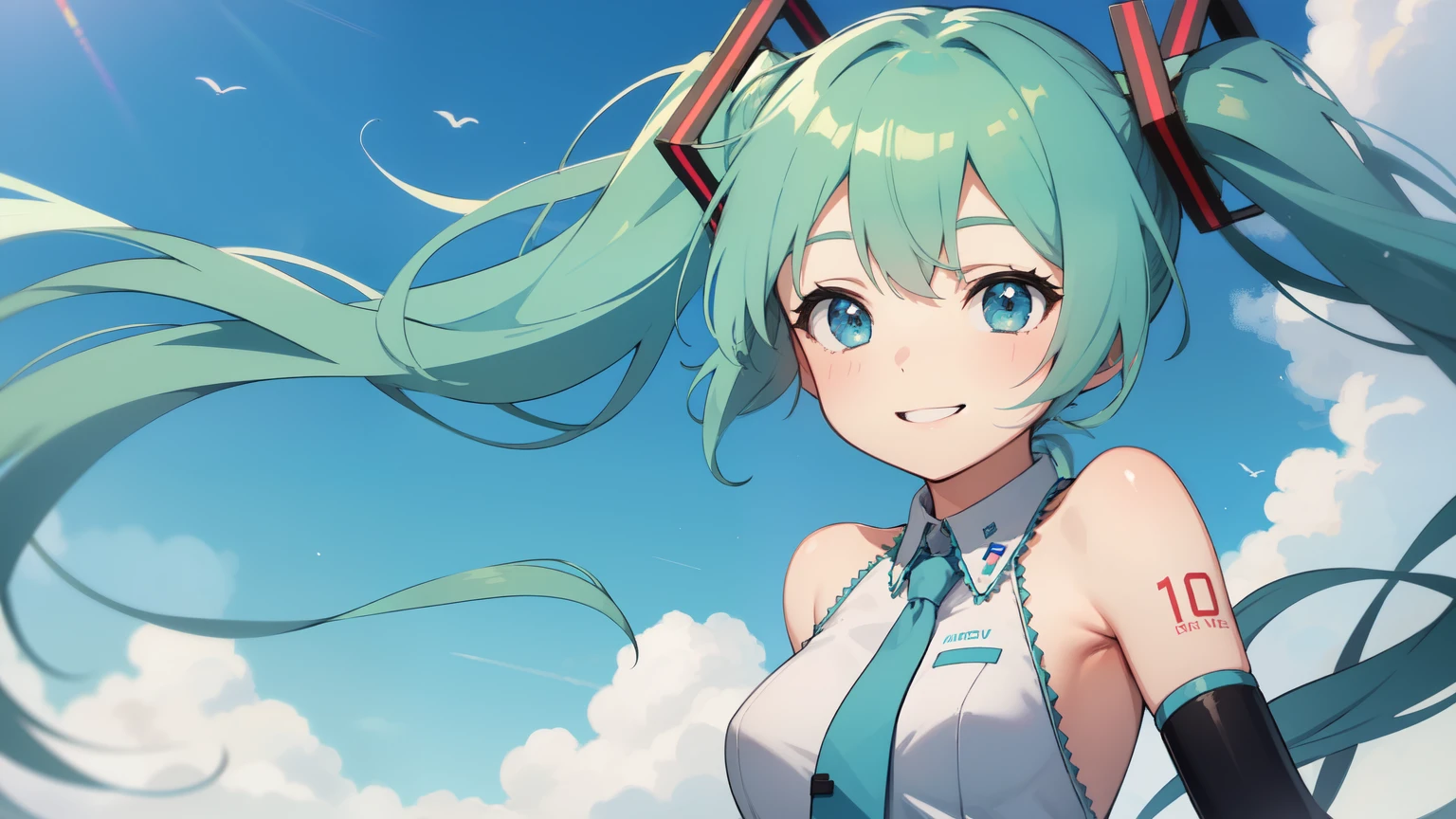 ((Highest quality)), ((masterpiece)), (detailed), One girl,Hatsune Miku feels the wind,Twin tails,smile,